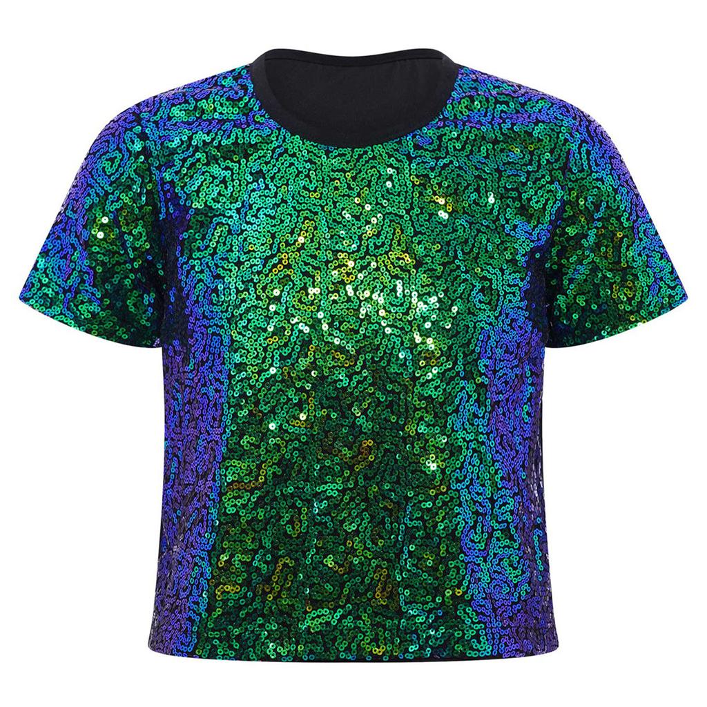 Girls Shiny Sequins Round Neck Short Sleeve T Shirt Cheerleading Dance Performance Stage Party Top