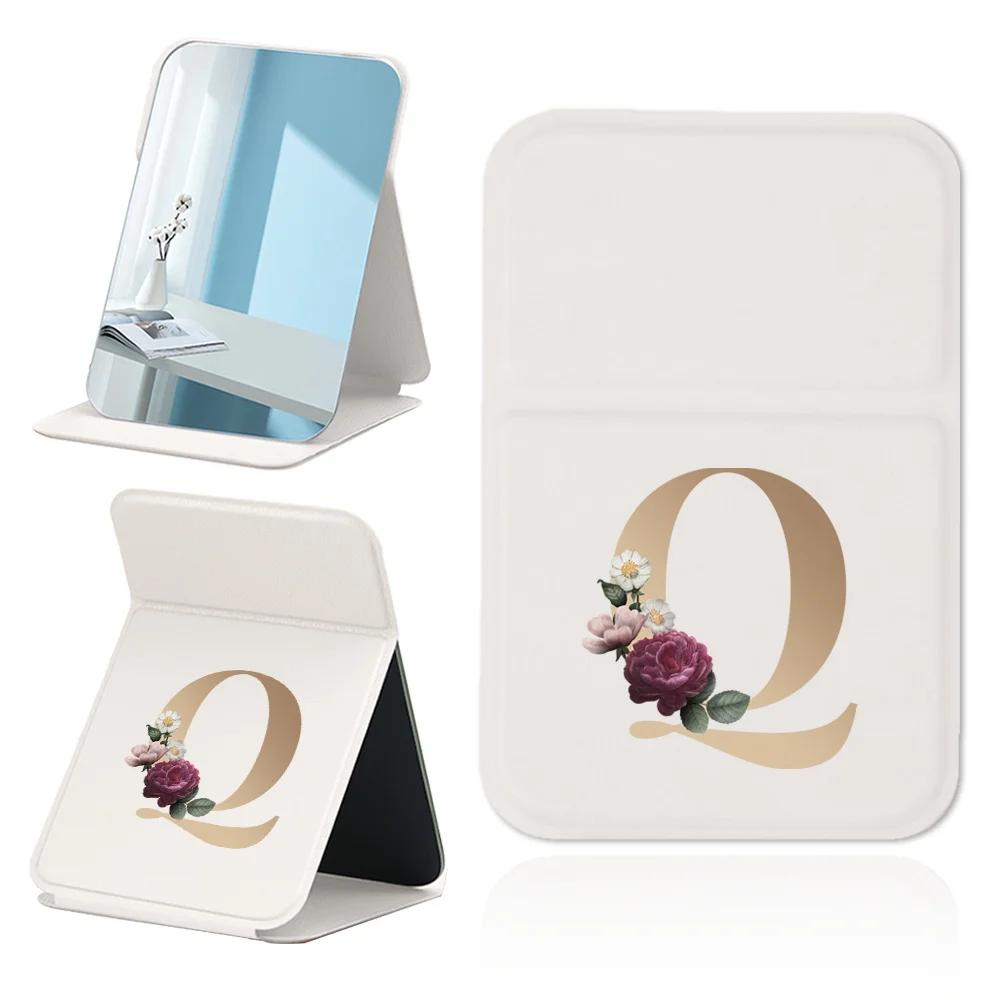 Desktop Makeup Mirror PU Leather Simple Portable Handheld Makeup Mirror Foldable Anti Slip Pocket Mirror Gold Letter Pattern