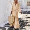 Dámské Vintage Geometrický potisk Dlouhé společenské šaty Dáma Elegantní Letní Plážové šaty s rukávem Boho Společenské šaty s výstřihem do V