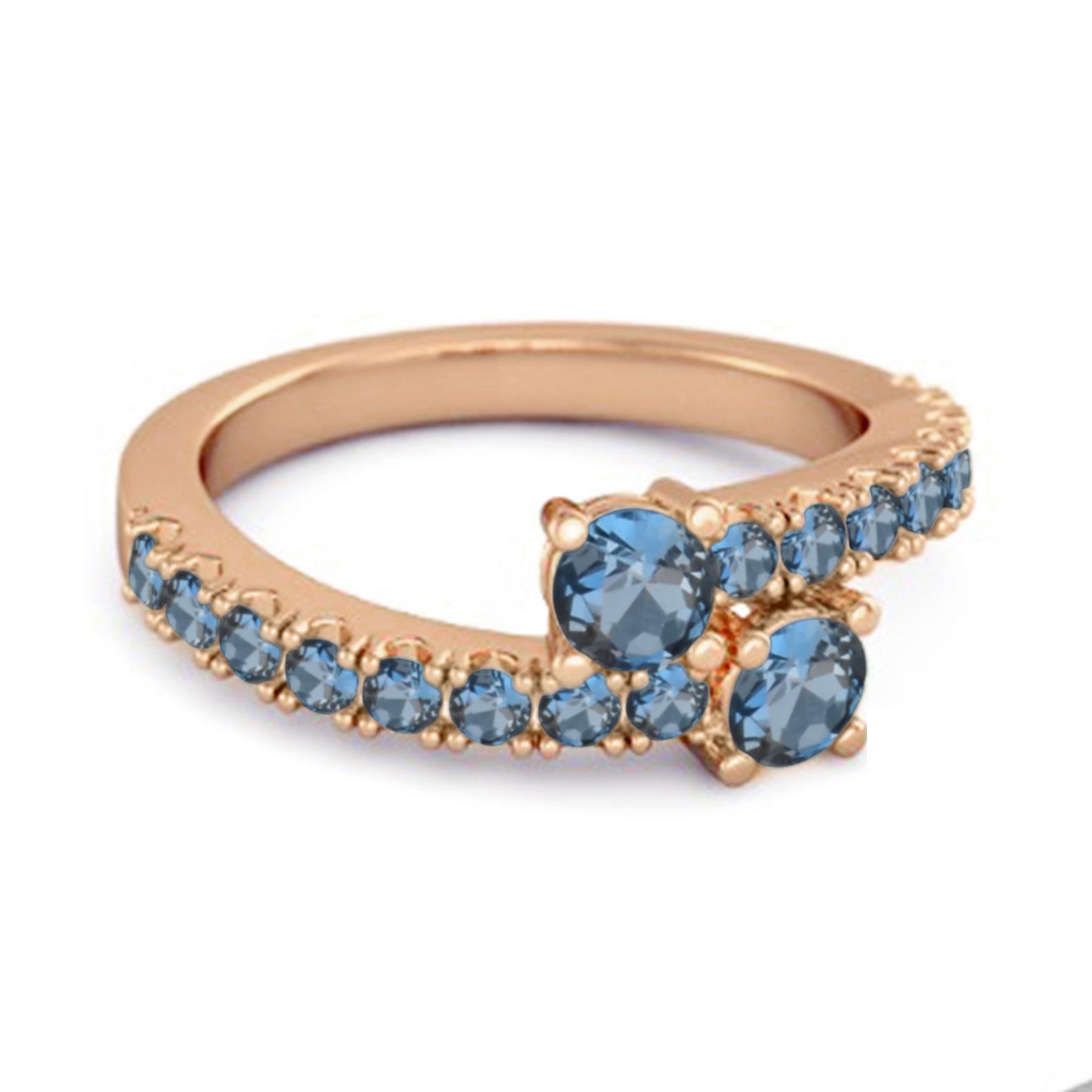 London Blue Topaz Twin Stone Pave Bypass Ring - 925 Sterling Silver Rose Gold Vermeil 6.5