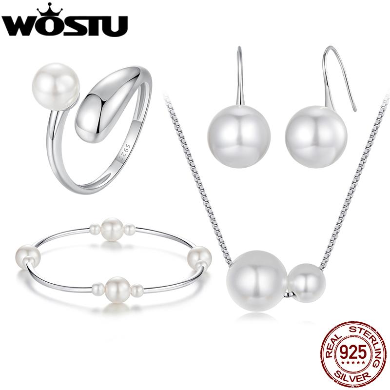 WOSTU 925 Sterling Silver Double Pearl Pendant Necklaces Drop Earrings Pearl Opening Ring Bracelet Wedding Set Mother's Day Gift