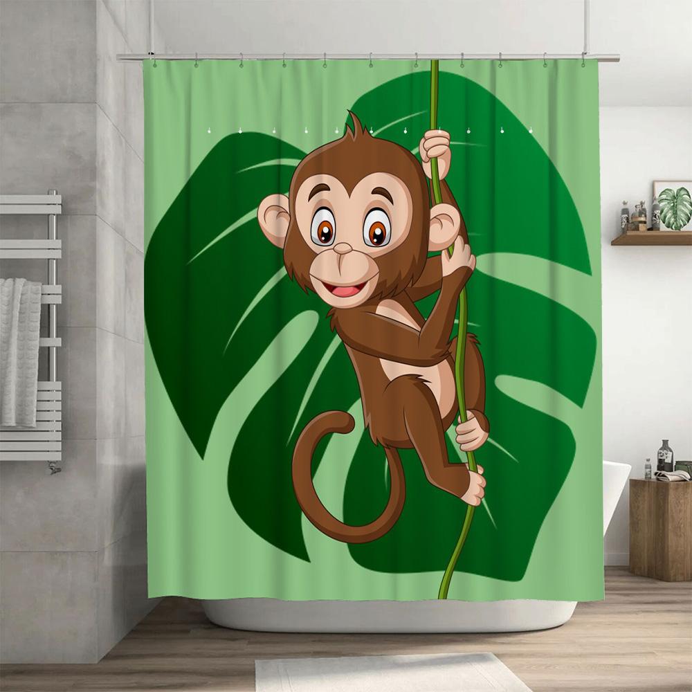 Cute Monkey Cartoon Shower Curtain with Green Leaf Design for Bathroom Decor Animal Print Home Decoration In Bath Curtains from