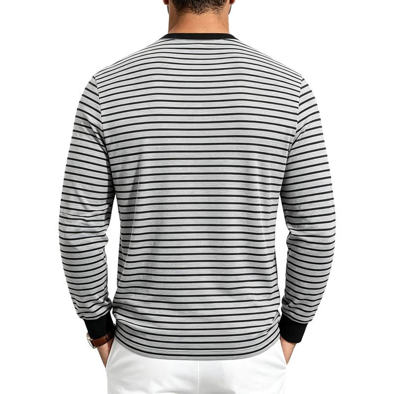 Pánské pruhované tričko Henley s dlouhým rukávem, kulatým výstřihem, zapínáním na knoflíky, ležérním volným střihem, každodenní základní topy pro muže