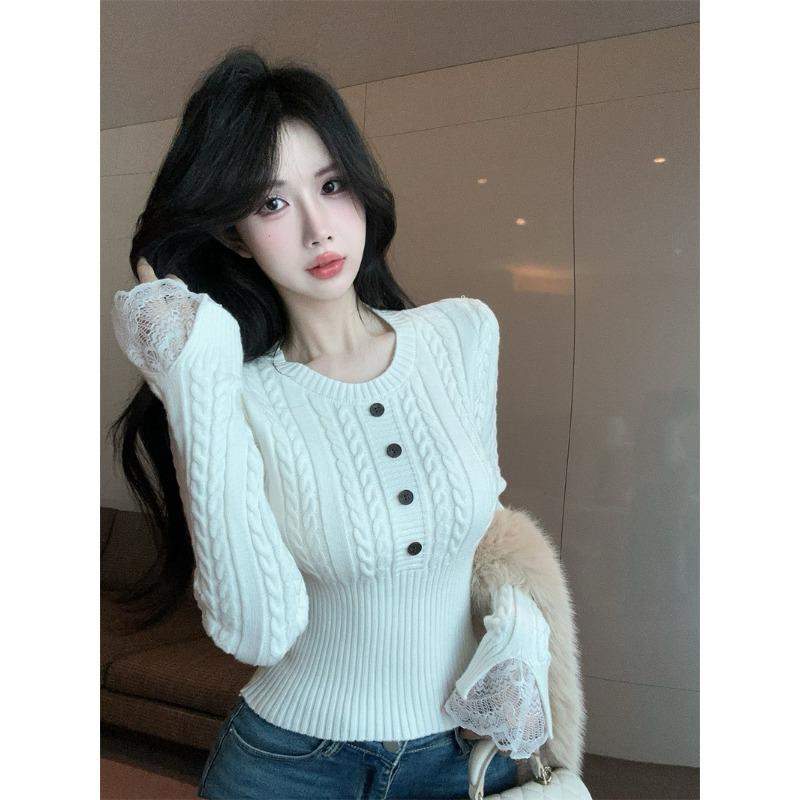 Autumn and Winter New Hot Girl Slim-fit Twist Inner Waisted Short Fashion High-end All-match Knitted Sweater for Women