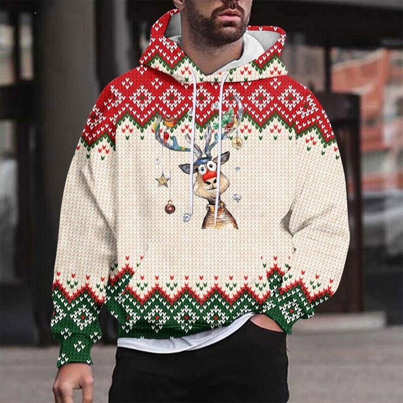 Świąteczna bluza z kapturem z wzorem śniegu i reniferów dla mężczyzn i kobiet, w paski, z nadrukiem 3D, swetry, casualowe bluzy z kapturem, topy, luźna bluza z długim rękawem