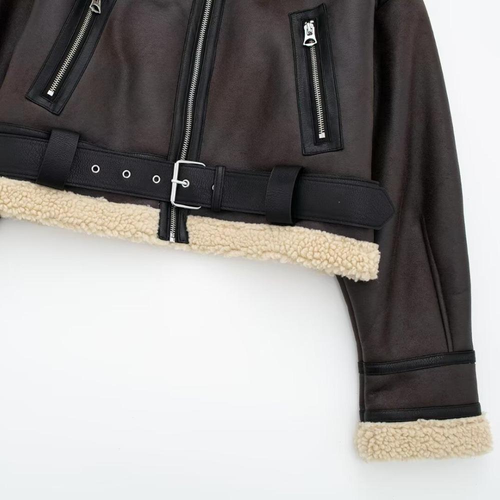 Winter Frauen Streetwear Faux Lamm Leder Pelz Kurze Jacke mit Gürtel Moto Biker Dicken Warmen Schaffell Mantel Outwe