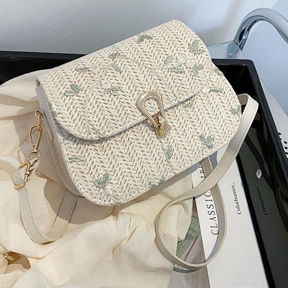 

Soft Weave Crossbody Bag PU Flower Pattern Handbag Mental Hasp Straw Bag Work білий