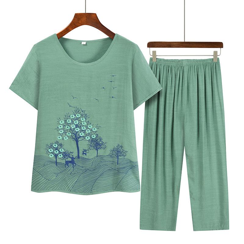 Grandma's Summer Short Sleeve Two-Piece Set: Floral Print, Round Neck, Loose Casual Top for Middle-Aged & Elderly Women