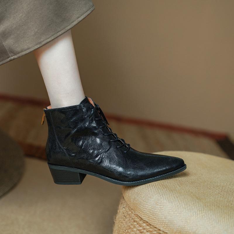 2024 Nye Høst Snørestøvletter for Kvinner Spiss Tå Tykk Hæl Støvletter Ekte Skinnsko for Kvinner Konsise Svarte Ankelstøvletter