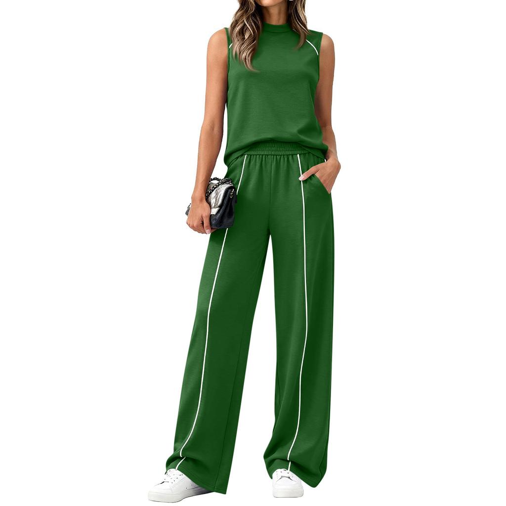 Women's Casual Fashion High-Neck Sleeveless Top And Wide-Leg Trousers Set