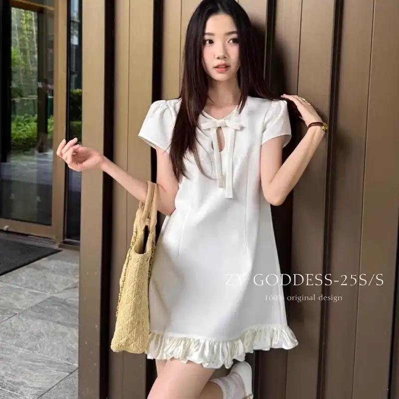 Bow Puff Sleeve Dress Women's Slim Fit Patchwork Cloud Hem A-line Skirt