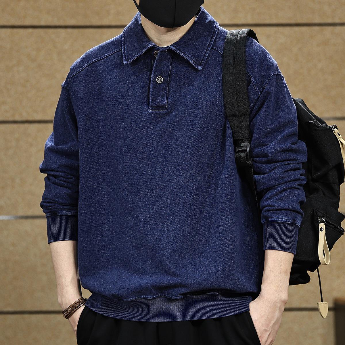 

Мужская ретро-худи-поло из потертого денима - Свободная, Повседневная, Плотная, Универсальная, Модная, Крутая. M (100-130 lbs) синий