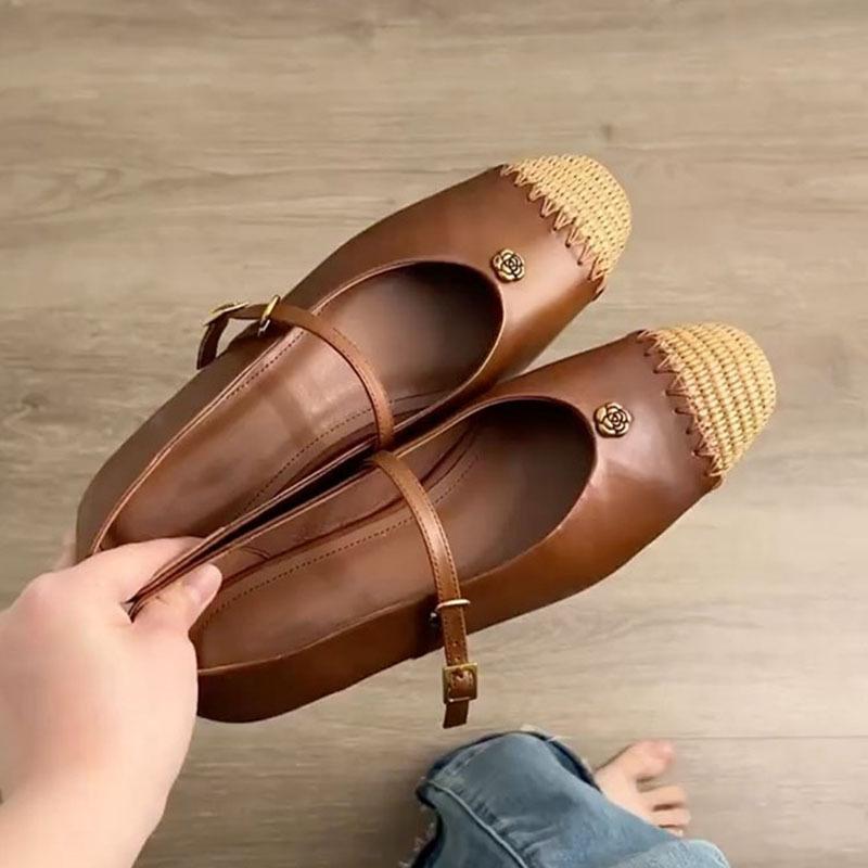 Sheepskin Version~ Retro Camellia Small Fragrant Mary Jane Shoes for Women with Round Head Straw Woven Skirt Single Shoes