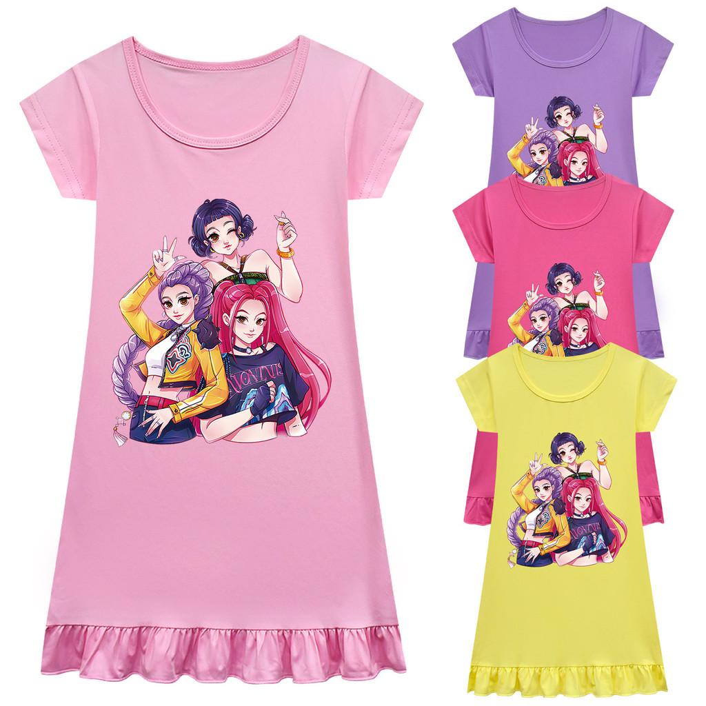 Kids Girls Anime Cartoon K-POP Rumi Zoey Mira Print Pleat Short Sleeve Casual Round Neck Dress