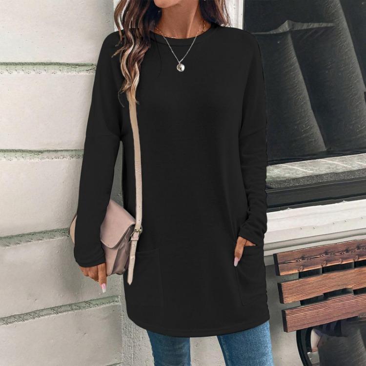 Loose Long Sleeve Crewneck Pocket Top Women Casual Solid Color Fashion
