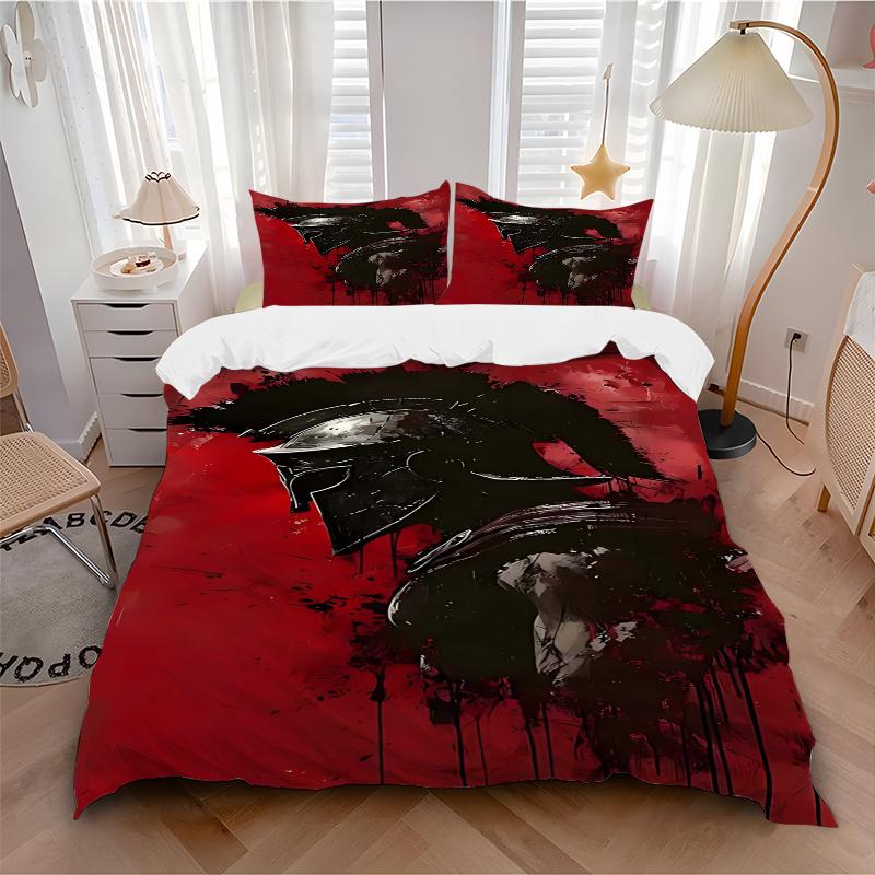 3pcs Spartan Helmet Art Print - Home Decor Gift, Anime Design Bedding Set with One Quilt Cover and Two Pillowcases (No Core), Polyester Fabric for Bed