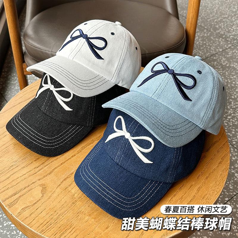 Bow embroidered denim baseball cap girlish feeling cute cap wide brim show face small fashion versatile