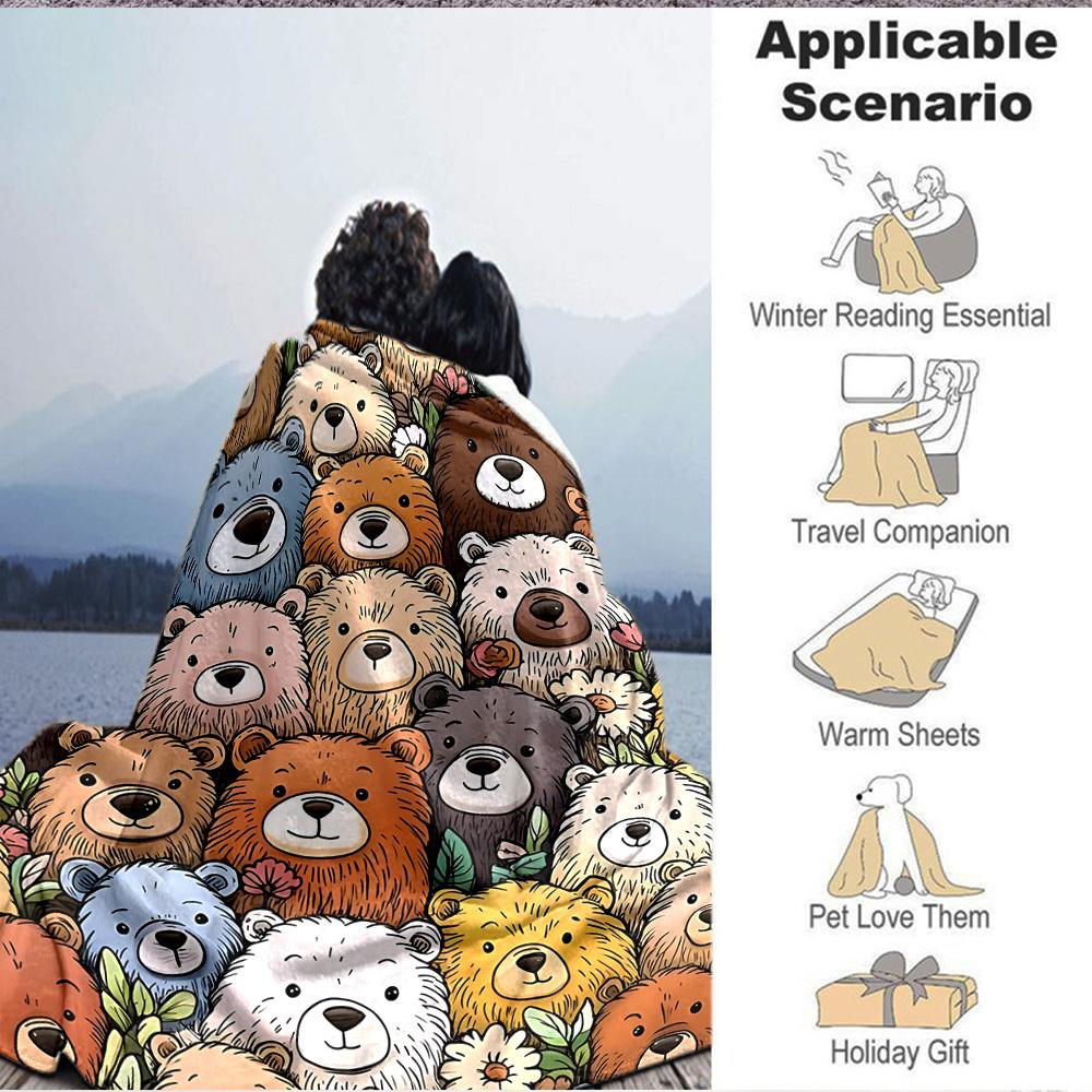 1pc Bear Collection Blanket, Lightweight Flannel Throw Blanket For Sofa, Bed, Travel, Camping, Living Room, Office, Couch, Chair, And Bed