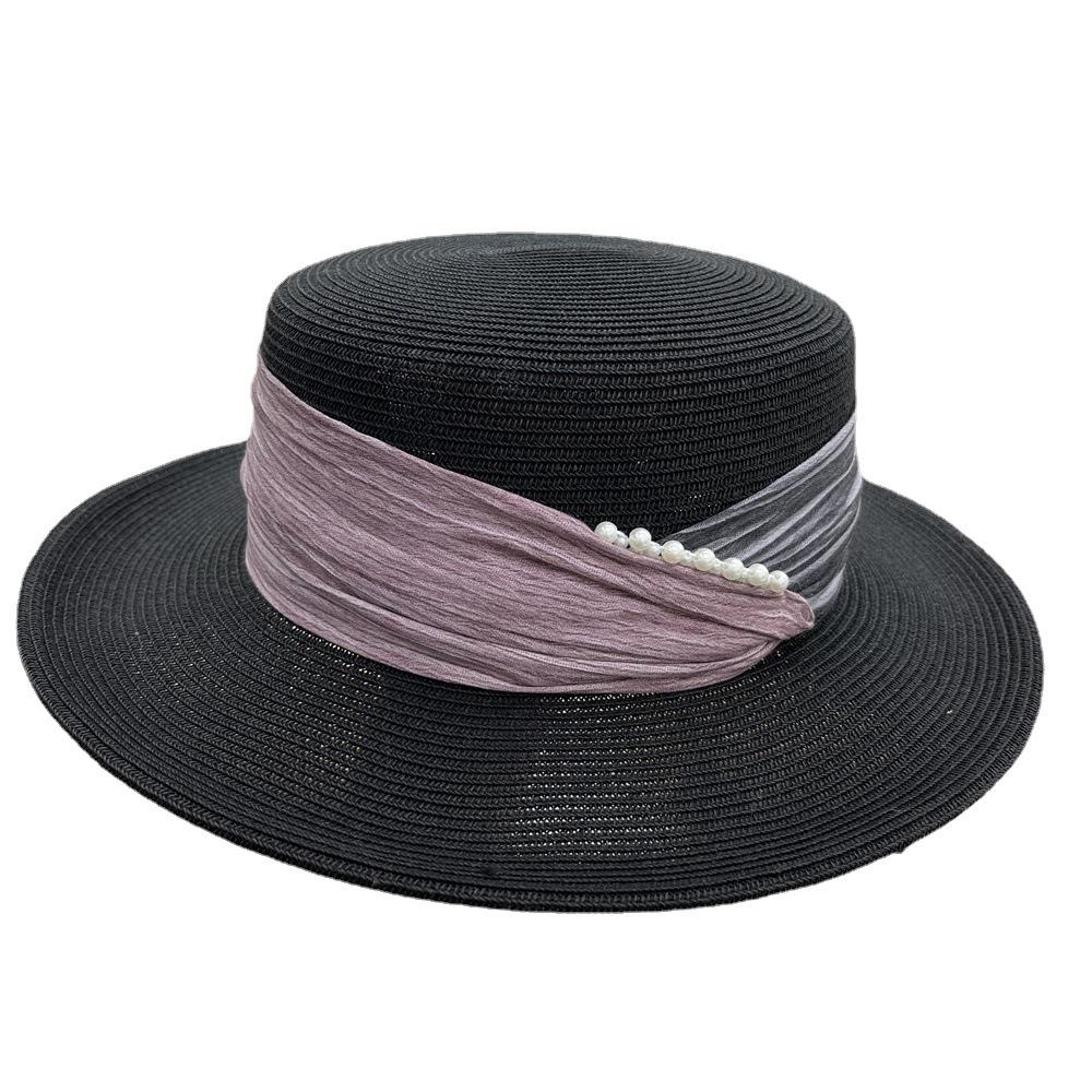 Celebrity temperament elegant pearl straw hat women's summer vacation pleated cloth flat top sunscreen visor