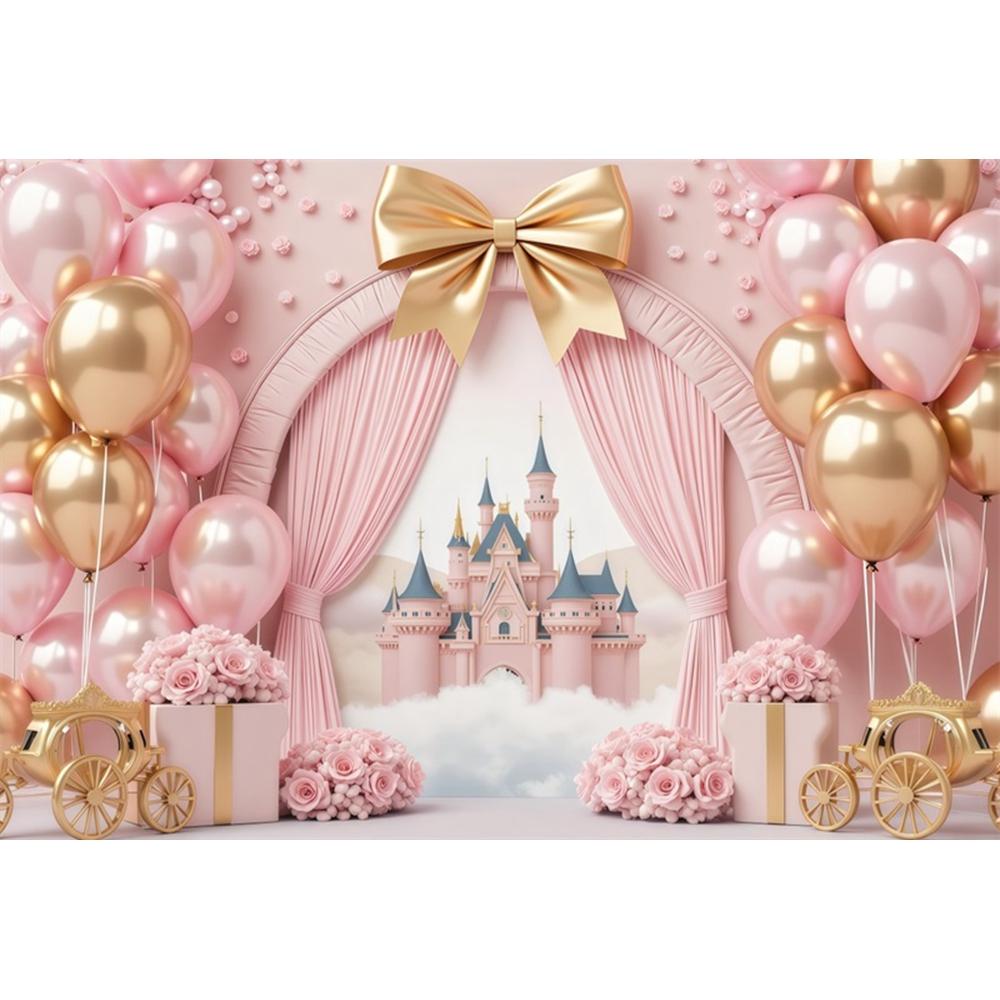 Dreamy Castle Photography Background Pink Balloon Curtain Flower Carriage Girl Birthday Bride Wedding Party Decor Photo Backdrop