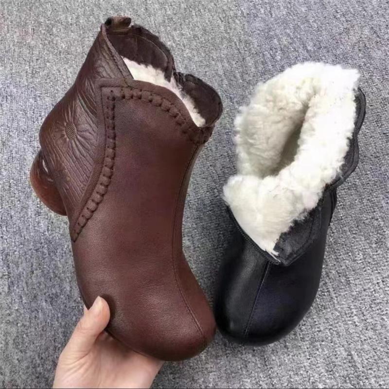 Retro soft leather short boots autumn and winter new cotton boots soft sole non-slip warm snow boots thick heel velvet shoes