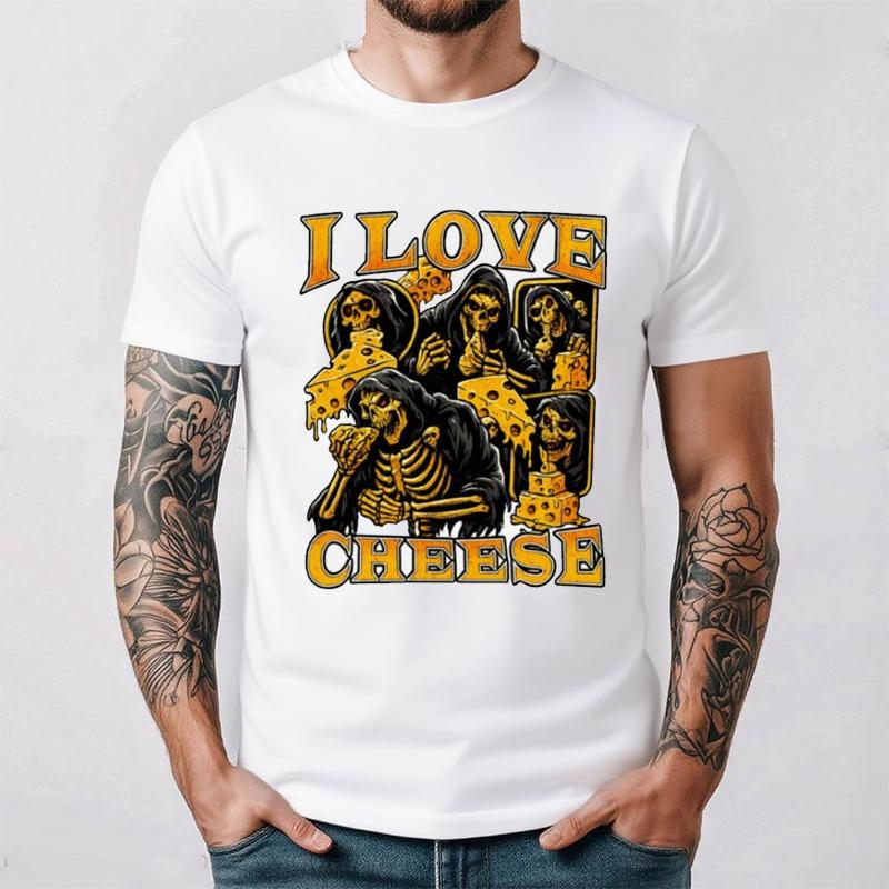 ?Skeleton Shirt Funny Meme I Love Cheese Cursed Tee Cotton Summer Short Sleeve Casual Stupid Graphic Shirt Edgy Humor Gift
