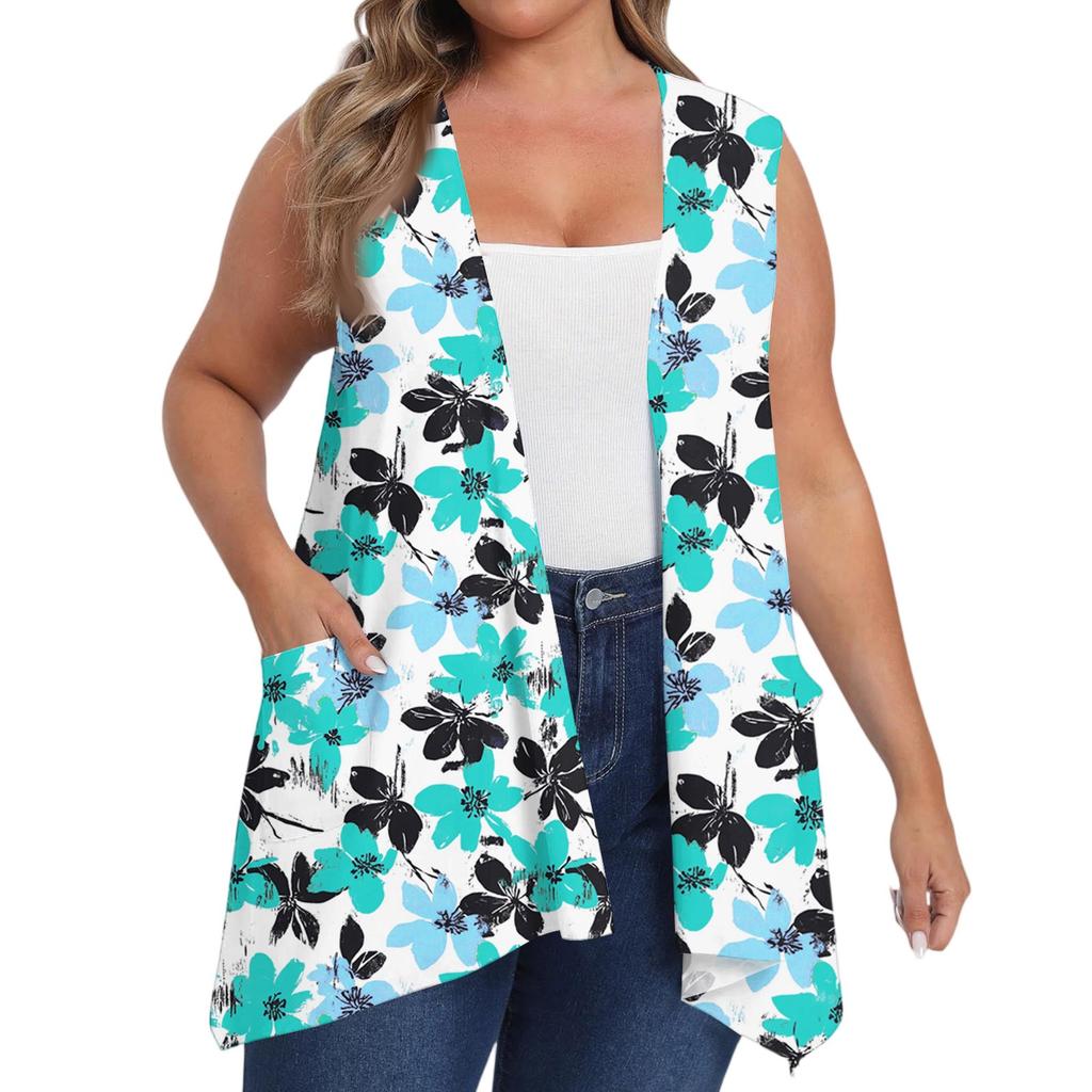 Women's Oversized Loose Casual Printed Sleeveless Vest With Pocket Cardigan Jacket Cardigan Jacket