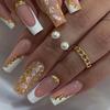 Elegant White French Manicure Stickers with Gold Glitter, Skin-Whitening, 24 Pcs