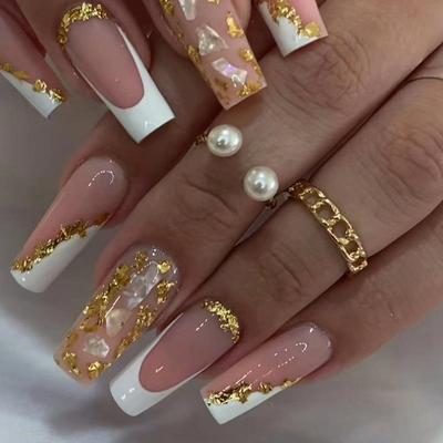 Elegant White French Manicure Stickers with Gold Glitter, Skin-Whitening, 24 Pcs