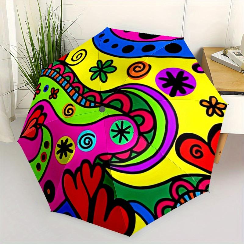 1pc Colorful Abstract Pattern Automatic Folding Umbrella - 8-Rib Iron Frame, Windproof, Portable Sunshade with Plastic Handle for Travel & O