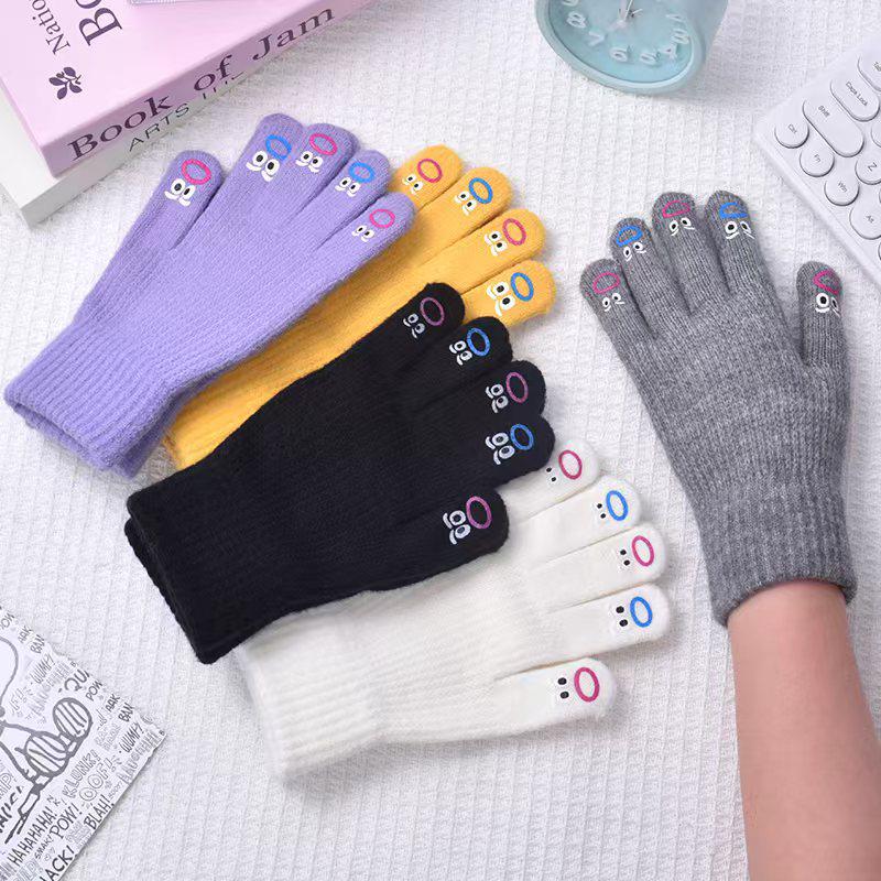 Korean Style Wool Five-Finger Smiling Face Gloves - Cute, Thick, Warm, Touchscreen-Compatible for Autumn/Winter Cycling