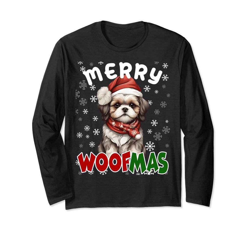 Merry Woofmas, Merry Christmas, Funny Shih Tzu Dog, Mom's Favorite, Long Sleeve T-Shirt