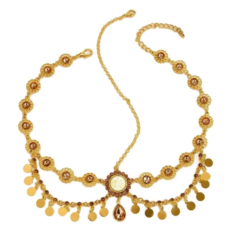 Indian Bridal Head Chain Gold Color Coin Tassels Rhinestones Headdress for Women Wedding Accessories Casual Wear