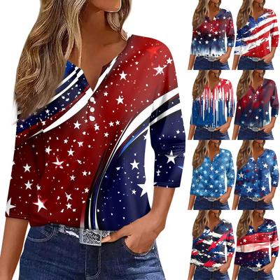 Women's Fashion Button V Neck Seven Sleeve Independence Day Printed Top