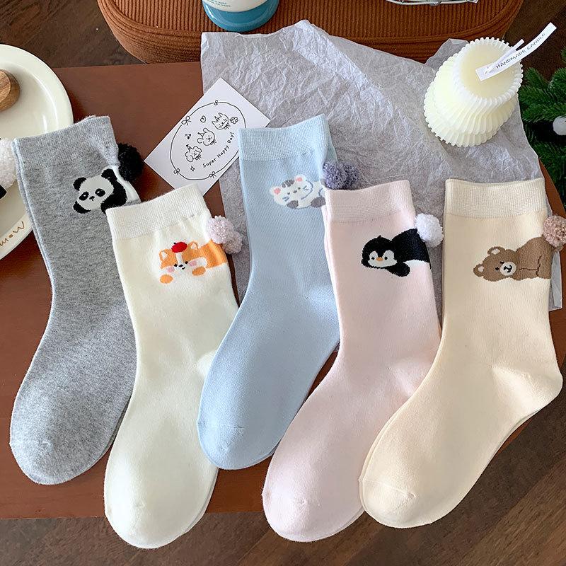Ladies Spring and Autumn Cartoon Cute Interesting Animal Stereoscopic Hair Ball In The Cylinder Stack Socks