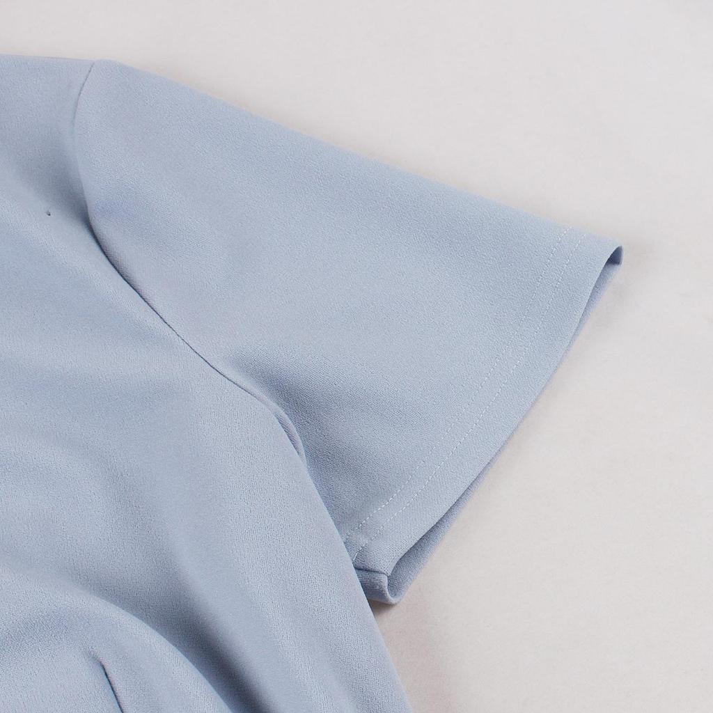 Damen Retro Swingkleider Kurzarm V-Ausschnitt Schleife Knopfleiste Gürtel Hepburn-Stil Kleid Hohe Taille Freizeitkleidung