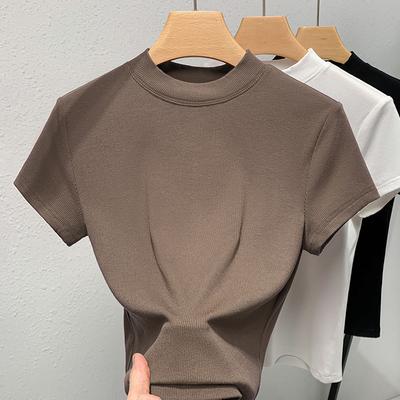 Camiseta Base de Cuello Alto para Mujer Nueva Camiseta de Manga Corta Gris para Mujer Ajustada Elástica