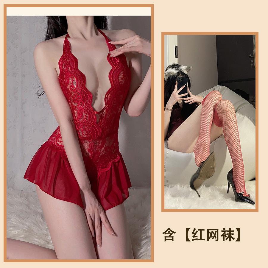 Sexy Lingerie Sexy Lace Uniform Temptation Hollow Open Onesie Women's Hot Pure Desire Pajama Set