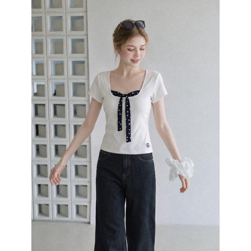 Korean fake two-piece U-neck Lyocell polka dot lace-up short-sleeved T-shirt women's summer new front shoulder cool and thin top