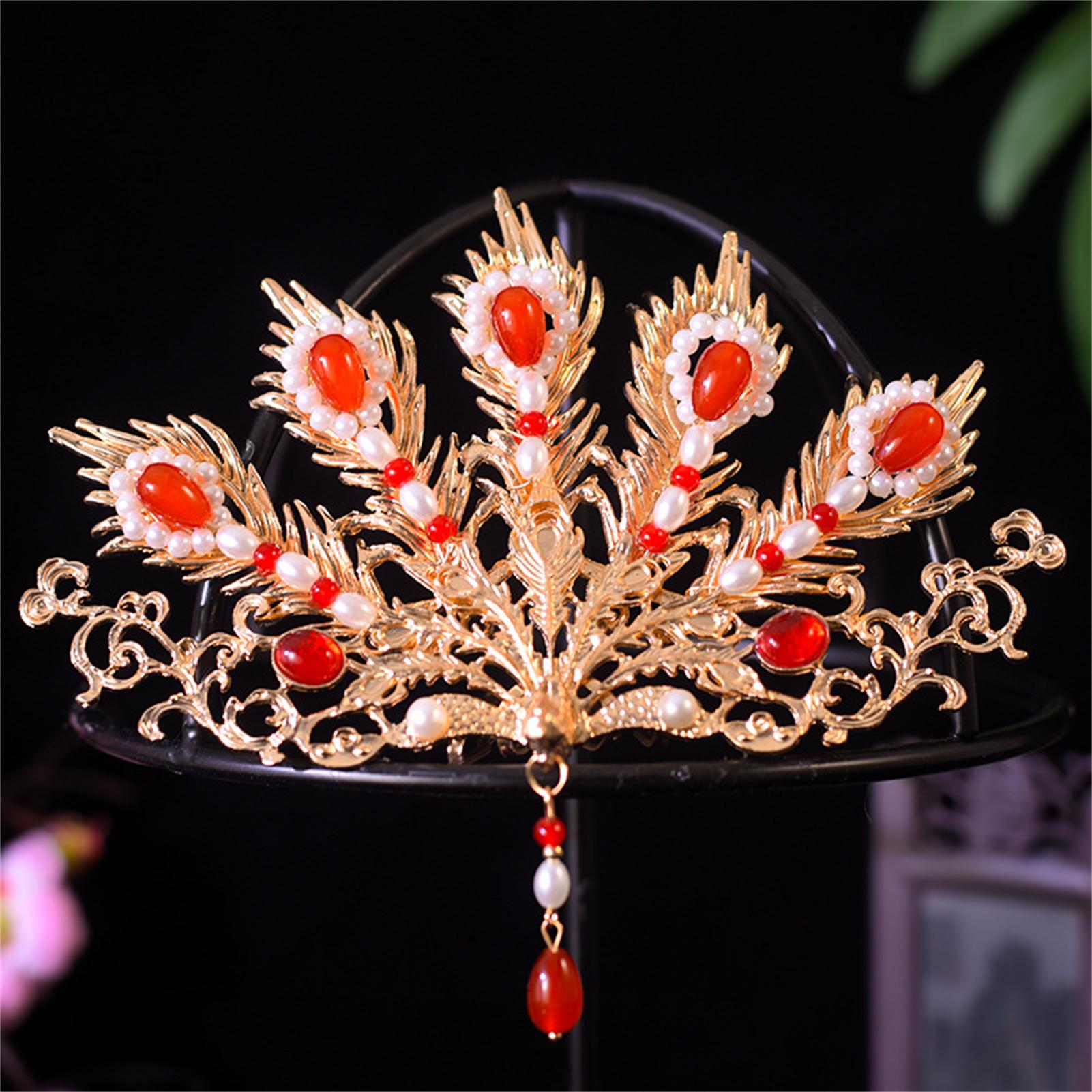 Han Chinese Clothing Hair Crown Red Beads Retro Headwear Head Decor for Theme Party Cosplay Balls Outfit A