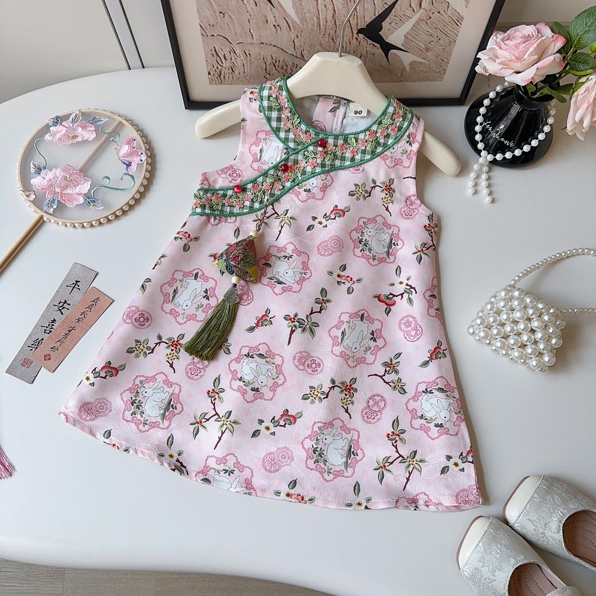 New Summer Girls Floral Qipao Dress - Stylish Chinese Style Skirt Size 110