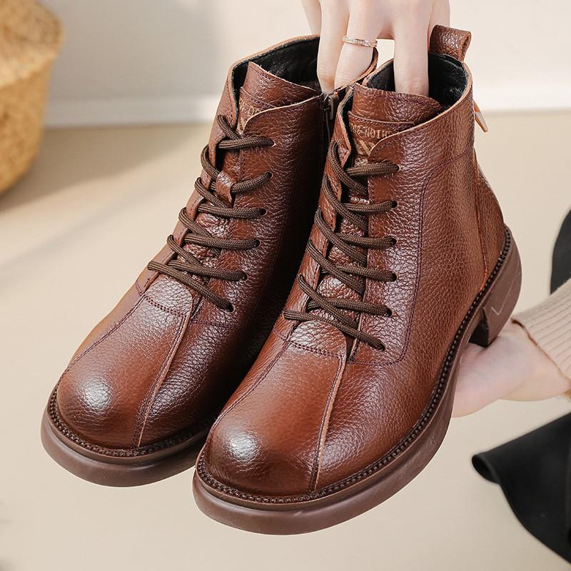 Autumn Winter New Ladies Boots Genuine Leather Short Boots Low-Heel Retro Women Cotton Shoes Lace Up Botas D378