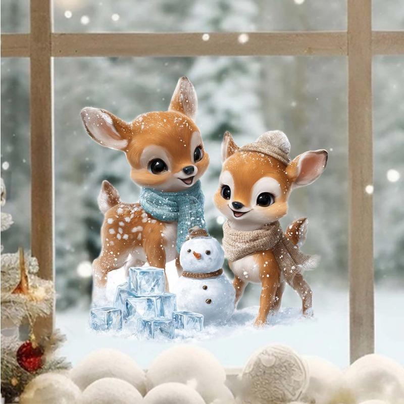 Christmas Cartoon Deer Snowman Fully Transparent Double-sided Visible Glass Home Decoration Stickers