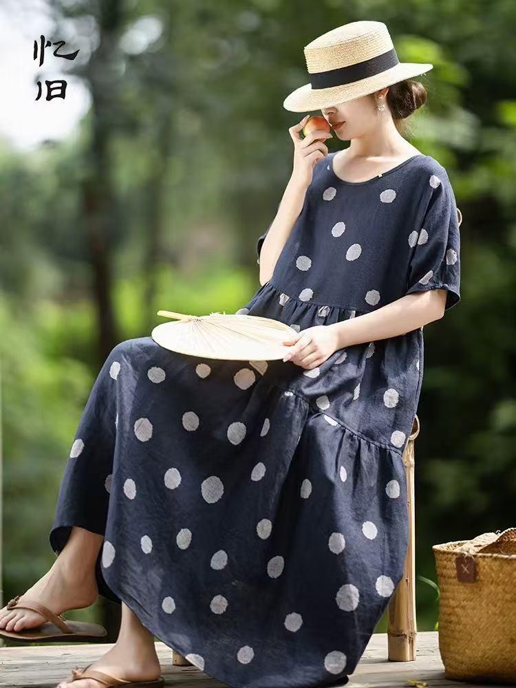 

2025 весна и лето новое платье в горошек из хлопка и льна, женское, свободное и тонкое, с круглым вырезом, коротким рукавом, большой маятниковой длинной юбкой 2XL