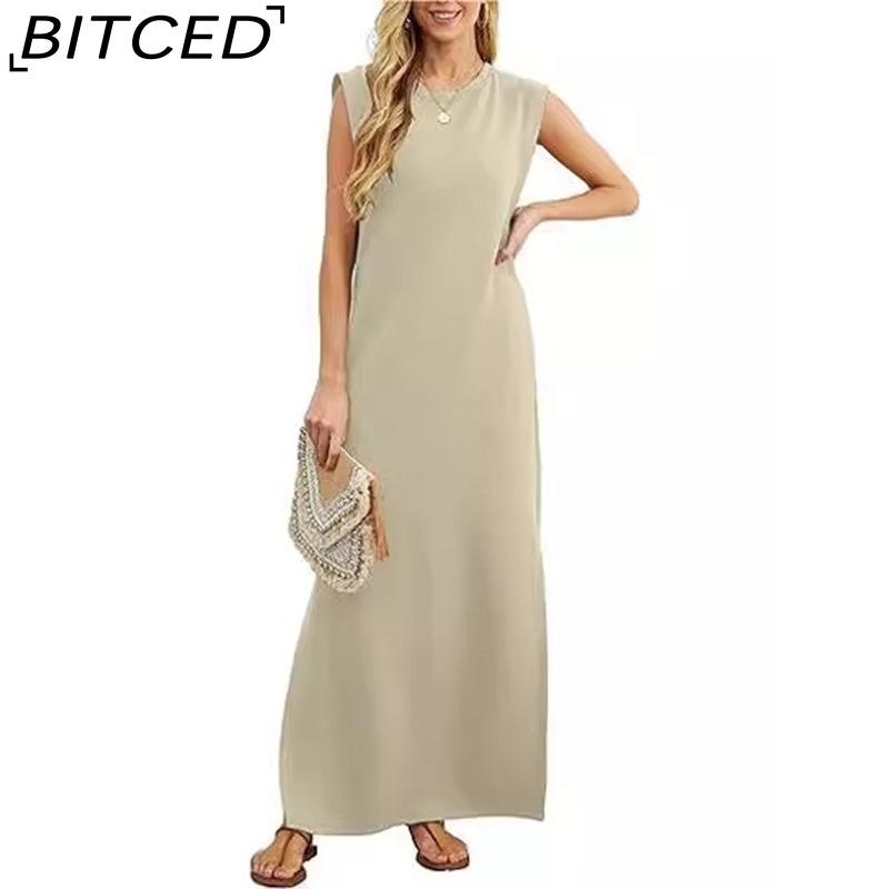 BITCED Women's Summer Solid-Colour Casual Loose-Fit Pocket Dress Long Dress