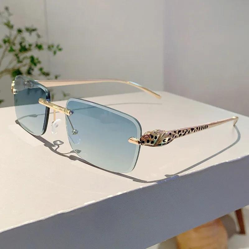 Rimless Punk Vintage Square Sunglasses Women For Men Luxury Brand Designer Sun Glasses Popular Metal Leopard Head Shades Uv400