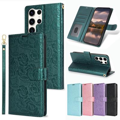 Leather Wallet Flip Protective Cover Wrist Strap Card Slots Holder Pocket Emboss Rose Flower Stand Case for Samsung Galaxy S25 S24 S23 S22 Plus Ultra