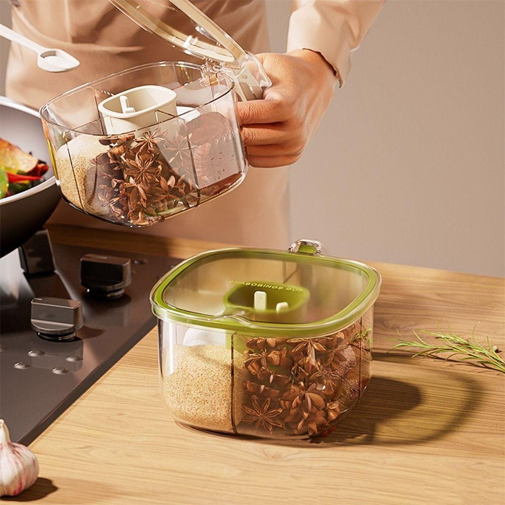 Plastic Four Grid Integrated Seasoning Box Transparent Moisture-Proof Press Type Seasoning Tank Sealed with Spoons