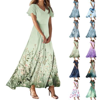 Kadın Yazlık Günlük Moda Retro Çiçekli Elbise V Yaka Kısa Kollu Elbise