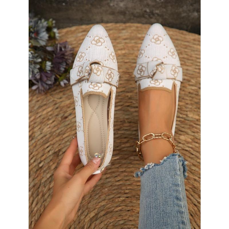 Skinny pointed large size flat single shoes women, fashionable flying weaving one pedal bow casual breathable color matching single